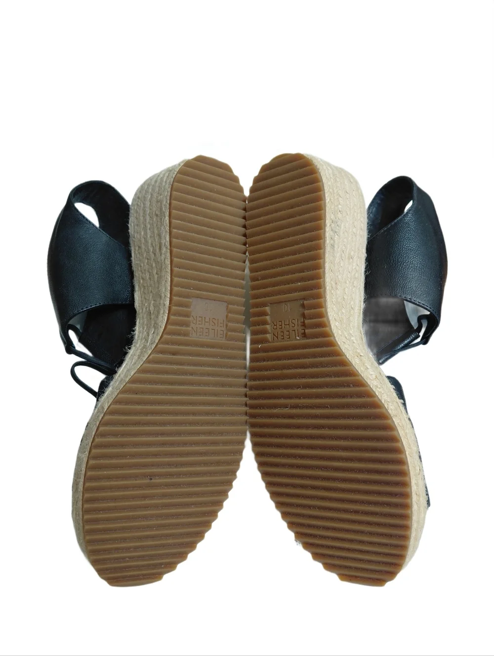 Eileen Fisher Black Leather Espadrille Wedge Sandals Size 10